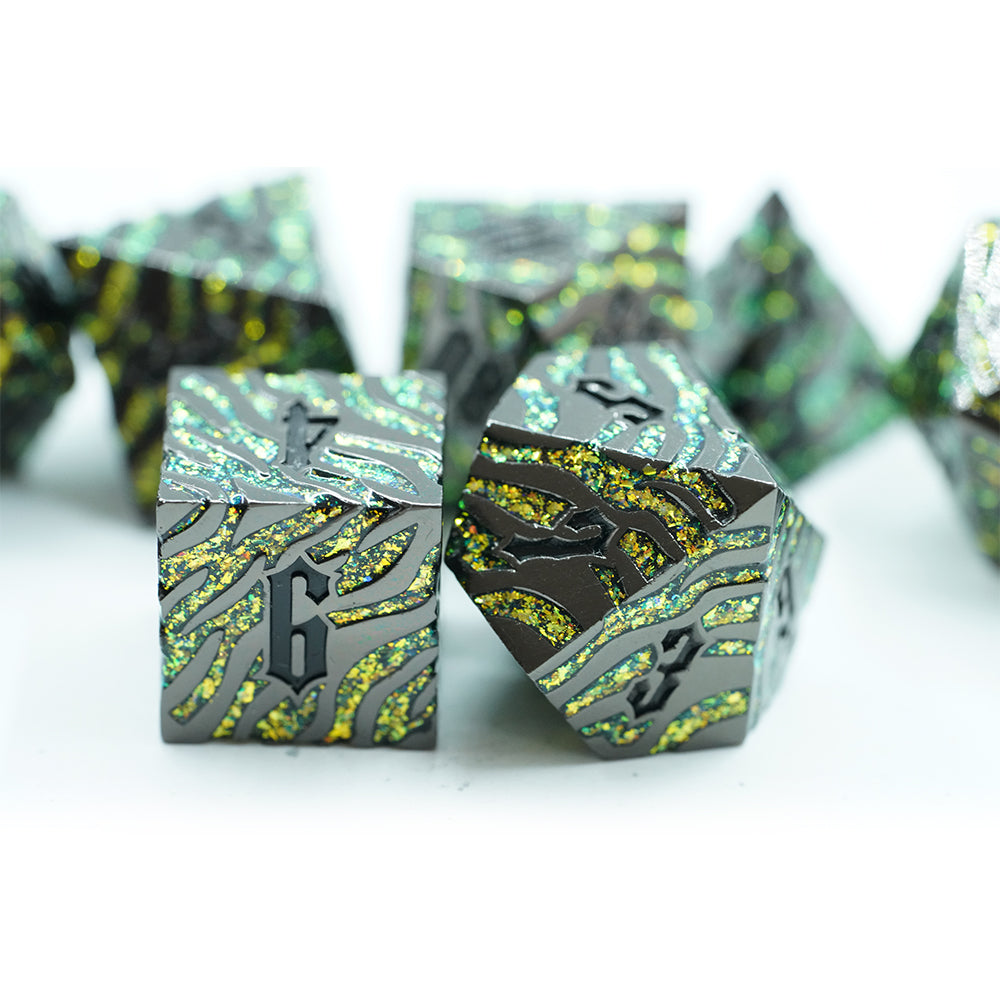 IceForge Dice Canada - Venomfang – Tiger Striped Metal Dice Set