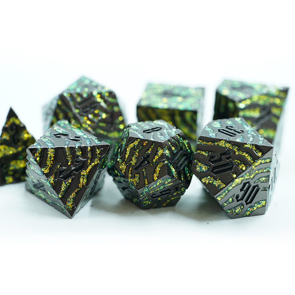 IceForge Dice Canada - Venomfang – Tiger Striped Metal Dice Set