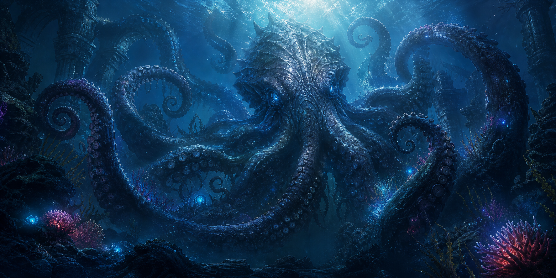 Ancient leviathan awakening among underwater ruins