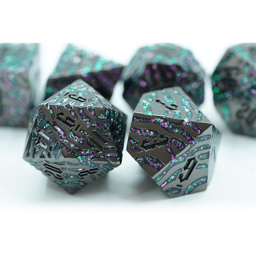 IceForge Dice Canada - Emberfang – Tiger Striped Metal Dice Set