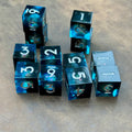 Abyssal Tide set of twelve blue-black liquid-core D6 dice with silver numbers