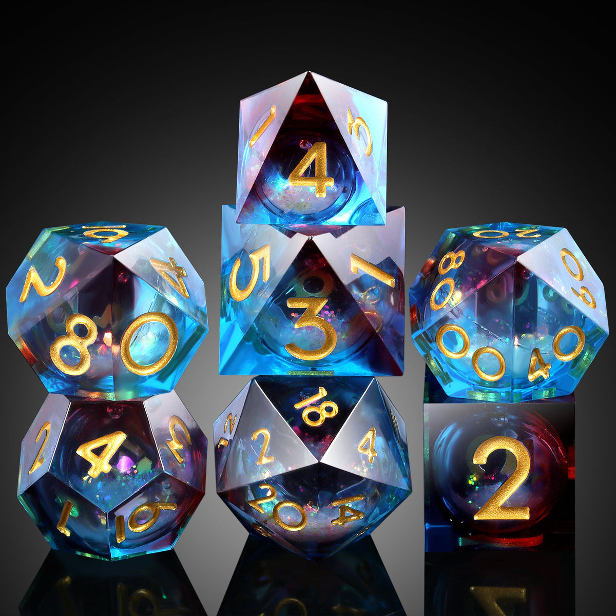Celestial Flame seven-piece liquid-core dice set included in the Colossus Bundle