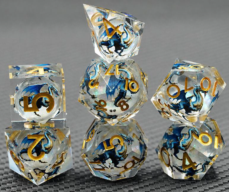 Abyssal Ink clear liquid core RPG dice with dark blue octopus inserts and gold numbers