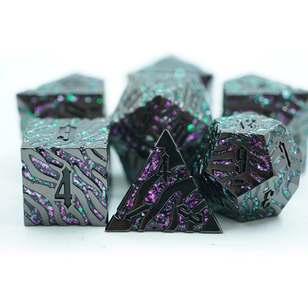 IceForge Dice Canada - Emberfang – Tiger Striped Metal Dice Set