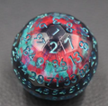 Riftgaze 50mm liquid-core D100 with a floating eyeball, crimson and teal shimmer, and aqua numbers