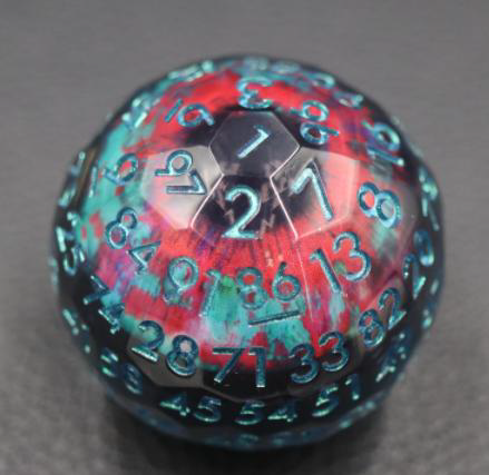 Riftgaze 50mm liquid-core D100 with a floating eyeball, crimson and teal shimmer, and aqua numbers