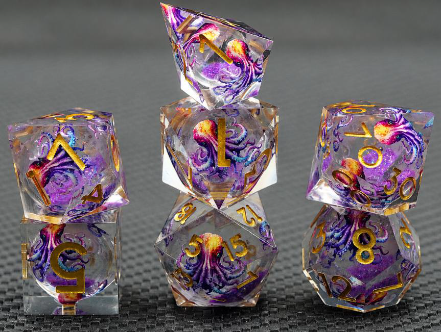 Siren's Bloom clear liquid core RPG dice with purple octopus inserts and gold numbers